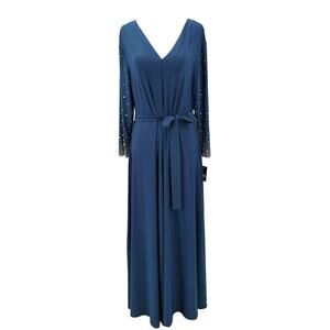 MSK SZ L Navy Blue 3/4 sleeve vneck belted length beaded dress NWT B136 flaw